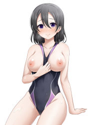 Rule 34 | 1girl, black hair, black one-piece swimsuit, blush, breasts, breasts out, closed mouth, collarbone, competition swimsuit, covered navel, gluteal fold, hair between eyes, highleg, highleg swimsuit, large breasts, lips, looking at viewer, love live!, love live! sunshine!!, miel (lessontome), nipples, one-piece swimsuit, purple eyes, short hair, simple background, sitting, smile, solo, swimsuit, watanabe tsuki, wet, white background
