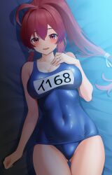Rule 34 | 1girl, ahoge, bare arms, bare legs, bare shoulders, blue one-piece swimsuit, blush, breasts, cleavage, collarbone, covered navel, cowboy shot, dorachan r, hair between eyes, highres, i-168 (kancolle), jewelry, kantai collection, large breasts, long hair, one-piece swimsuit, open mouth, ponytail, red eyes, red hair, ring, school swimsuit, smile, solo, swimsuit, thigh gap, wedding ring