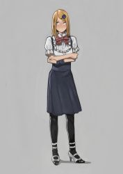 Rule 34 | 10s, 1girl, absurdres, black pantyhose, black skirt, blonde hair, bow, closed mouth, crossed arms, dagashi kashi, ear piercing, endou saya, frilled shirt, frills, full body, grey background, hair ornament, hairclip, high heels, highres, looking up, pantyhose, piercing, puffy short sleeves, puffy sleeves, red bow, red ribbon, ribbon, shirt, short sleeves, simple background, skirt, solo, standing, waitress, yomu (sgt epper)