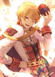 Rule 34 | 1boy, a ching, belt, blonde hair, cape, crown, gradient hair, hair between eyes, hand on own hip, highres, holding, holding crown, long sleeves, looking at viewer, male focus, multicolored hair, neck ruff, one eye closed, open mouth, orange eyes, orange hair, project sekai, short hair, solo, teeth, tenma tsukasa, upper body, upper teeth only