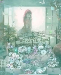 Rule 34 | 1girl, bed, blunt bangs, bug, butterfly, daisy, flower, hiraoka masamune, insect, ivy, long hair, original, pale color, pink flower, pink hair, pink rose, plant, potted plant, rose, solo, white flower, white rose, window