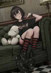 Rule 34 | 1girl, absurdres, ankle boots, black footwear, black hair, black nails, black shirt, boots, bracelet, couch, fingernails, gishiki (gshk), glasses, hand up, highres, jewelry, lamp, legs together, looking at viewer, nail polish, on couch, original, parted lips, red socks, semi-rimless eyewear, shirt, short hair, short sleeves, sitting, snoopy, socks, solo, spiked bracelet, spikes, stuffed animal, stuffed dog, stuffed toy, thigh strap, under-rim eyewear, wide sleeves, yellow eyes