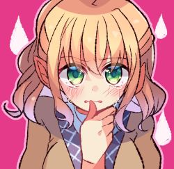Rule 34 | 1girl, biting, biting own thumb, blonde hair, blush, breasts, brown jacket, crying, crying with eyes open, green eyes, highres, jacket, layered clothes, medium breasts, medium hair, meimei (meimei89008309), mizuhashi parsee, open mouth, pointy ears, short sleeves, simple background, tears, touhou, upper body, wavy hair
