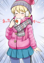 Rule 34 | 10s, 1girl, absurdres, blonde hair, blue skirt, commentary request, cup, darjeeling (girls und panzer), doyagao, earmuffs, floral print, girls und panzer, hat, highres, holding, hood, hooded jacket, jacket, miniskirt, okitsugu, pleated skirt, revision, scarf, skirt, smile, smug, solo, steam, teacup, translated