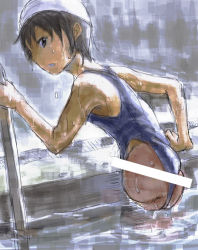 Rule 34 | 1girl, borusen, censored, douchin akira, looking at viewer, looking back, one-piece swimsuit, penis, pointless censoring, pool, school swimsuit, solo, swim cap, swimsuit, what