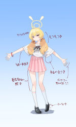 Rule 34 | 1girl, absurdres, ahoge, black footwear, blonde hair, blue archive, blush, collarbone, commentary request, full body, gradient background, hair ribbon, halo, highres, kneehighs, loafers, logo, looking at viewer, miniskirt, official alternate costume, outstretched arms, pink skirt, pleated skirt, print shirt, ribbon, shirt, shirt tucked in, shoes, short sleeves, simple background, skirt, socks, solo, suecovsky, translation request, twintails, white shirt, white socks, yoshimi (band) (blue archive), yoshimi (blue archive)