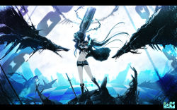 Rule 34 | 10s, 1girl, akahito, arm cannon, black rock shooter, black rock shooter (character), highres, letterboxed, solo, wallpaper, weapon