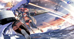 Rule 34 | 2girls, artillery, ass, azur lane, black shorts, black thighhighs, blonde hair, blue coat, boots, breasts, bremerton (azur lane), coat, crop top, eyewear on head, floating hair, gyaru, hair ornament, highres, ishizue kachiru, large breasts, long hair, marblehead (azur lane), multicolored hair, multiple girls, navel piercing, ocean, official art, open clothes, open coat, open mouth, outstretched arm, piercing, pink-tinted eyewear, pink hair, rigging, short shorts, shorts, thigh boots, thighhighs, tinted eyewear, turret, twintails, two-tone hair, water, white coat