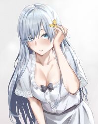 Rule 34 | 1girl, absurdres, alternate costume, anastasia (fate), blue eyes, blush, bow, breasts, cleavage, dress, fate/grand order, fate (series), hair between eyes, hair ornament, highres, long hair, looking at viewer, medium breasts, open mouth, reftdr, solo, white background, white dress, white hair
