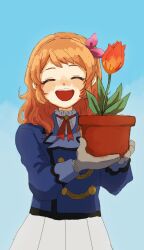 Rule 34 | 1girl, aikatsu!, aikatsu! (series), blue background, blue jacket, blush, bow, braid, brooch, buttons, center frills, cowboy shot, crown braid, double-breasted, facing viewer, flower, flower pot, frills, gloves, grey gloves, hair bow, hands up, highres, holding, holding flower pot, jacket, jewelry, medium hair, neck ribbon, open mouth, orange flower, orange hair, orange tulip, osouzai-kun, ozora akari, pink bow, plant, pleated skirt, potted plant, red ribbon, ribbon, shirt, simple background, skirt, smile, solo, tulip, white shirt, white skirt, work gloves