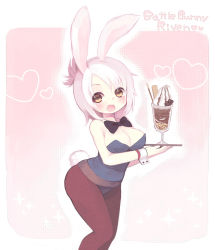 Rule 34 | 1girl, alternate costume, animal ears, battle bunny riven, blush, breasts, brown eyes, character name, cleavage, fake animal ears, folded ponytail, food, highres, ice cream, konatsu miyu, league of legends, leotard, open mouth, pantyhose, playboy bunny, rabbit ears, rabbit tail, riven (league of legends), short hair, solo, tail, white hair