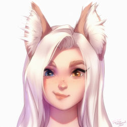 Rule 34 | 1girl, animal ears, blue eyes, body freckles, closed mouth, fox ears, freckles, highres, looking at viewer, losse (personal ami), original, personal ami, portrait, signature, simple background, smile, solo, white background, white hair, yellow eyes