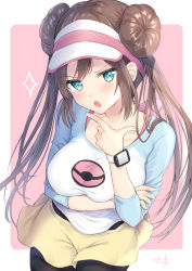 Rule 34 | 1girl, :o, black pantyhose, blue eyes, blush, breast hold, breasts, brown hair, commentary request, cowboy shot, creatures (company), double bun, game freak, hair bun, hand on own chin, hat, large breasts, long hair, long sleeves, looking at viewer, nagare yoshimi, nintendo, open mouth, pantyhose, pantyhose under shorts, pink background, pokemon, pokemon bw2, pokemon masters ex, raglan sleeves, rosa (pokemon), shorts, solo, sparkle, stroking own chin, thigh gap, twintails, v-shaped eyebrows, very long hair, visor cap, watch, white hat, wristwatch, yellow shorts