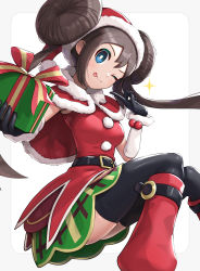 Rule 34 | 1girl, absurdres, blue eyes, boots, brown hair, christmas, creatures (company), double bun, game freak, gloves, gonzarez, hair bun, hat, highres, long hair, nintendo, official alternate costume, pokemon, pokemon masters ex, redrawn, rosa (holiday 2019) (pokemon), rosa (pokemon), santa boots, santa costume, santa gloves, santa hat, solo, twintails, very long hair