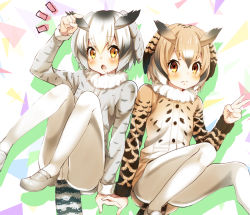Rule 34 | 10s, 2girls, :o, ^^^, bad id, bad pixiv id, blonde hair, blush, brown eyes, buttons, coat, collar, dot nose, eurasian eagle owl (kemono friends), fur collar, gradient eyes, gradient hair, grey footwear, grey hair, hair between eyes, hand up, head wings, holding hands, kemono friends, knees to chest, knees up, light brown hair, loafers, long sleeves, looking at viewer, mii no suke, multicolored background, multicolored eyes, multicolored hair, multiple girls, northern white-faced owl (kemono friends), open mouth, orange eyes, panties, panties under pantyhose, pantyhose, pantyshot, pointing, pointing at viewer, shiny skin, shoes, short hair, sitting, tail, tareme, underwear, v, white hair, white legwear, white panties, wings, yellow eyes