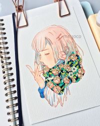 Rule 34 | 1girl, artist name, bad id, bad instagram id, floral print, flower, hair ornament, hairclip, hand up, highres, leaf, meyoco, original, paper, photo (medium), pink flower, pink hair, portrait, print scarf, profile, scarf, short hair, solo, traditional media, unmoving pattern