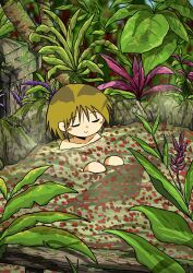 Rule 34 | 1girl, bathing, blonde hair, blush, closed eyes, closed mouth, commentary, highres, kishimen udn, knees up, leaf, medium hair, nude, original, outdoors, partially submerged, petals, petals on liquid, plant, sitting, smile, solo, symbol-only commentary, water, wide shot