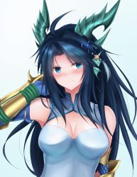 Rule 34 | 1girl, arm guards, black hair, blue eyes, blush, breasts, chinese clothes, closed mouth, dragon girl, gauntlets, hair ornament, highres, horns, karin (p&amp;d), long hair, medium breasts, puzzle &amp; dragons, simple background, smile, solo, yoh0cid