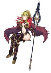 Rule 34 | 1girl, absurdres, alternate costume, armor, armored boots, armored dress, blonde hair, boots, breasts, cape, circlet, clair (fire emblem), cleavage, clothing cutout, crossed legs, ebinku, feathers, fire emblem, fire emblem echoes: shadows of valentia, full body, high heel boots, high heels, highres, invisible chair, long hair, looking at viewer, medium breasts, nail polish, navel, navel cutout, nintendo, polearm, ponytail, purple thighhighs, red nails, simple background, sitting, smile, solo, spear, thigh boots, thighhighs, thighs, weapon, white background, yellow eyes