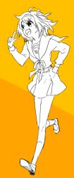 Rule 34 | 00s, 1girl, kurosuke (nora), kurosuke shiro, monochrome, orange background, school uniform, serafuku, solo, suzumiya haruhi, suzumiya haruhi no yuuutsu