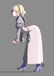 Rule 34 | 1girl, automatic giraffe, bent over, blonde hair, blue eyes, commentary, constance von nuvelle, english commentary, fire emblem, fire emblem: three houses, full body, grey background, high heels, highres, long sleeves, looking at viewer, nintendo, shadow, short hair, simple background, smile, solo, standing, watermark