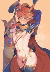 Rule 34 | abs, animal ears, armpits, arms behind head, blue eyes, byebyefr0g, byefrog, cape, carrot, eliwood (fire emblem), exposed muscle, fire emblem, fire emblem: the blazing blade, fire emblem heroes, food, hair ornament, holding, holding food, holding vegetable, lance, male focus, navel, nintendo, nipples, orange background, polearm, rabbit ears, rabbit tail, red hair, tagme, tail, vegetable, weapon
