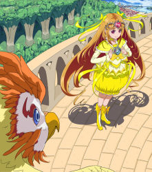 Rule 34 | 10s, 1girl, bird, boots, bow, brooch, brown hair, bubble skirt, choker, circlet, cure muse, cure muse (yellow), dress, earrings, frills, hair bow, heart, jewelry, knee boots, long hair, magical girl, noise (suite precure), oprecho9, p-chan (suite precure), pink eyes, precure, shirabe ako, skirt, smile, suite precure, yellow bow, yellow dress, yellow skirt