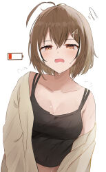 Rule 34 | 1girl, ahoge, black camisole, breasts, brown hair, camisole, cleavage, collarbone, commentary, english commentary, exhausted, hair between eyes, hair ornament, half-closed eyes, highres, hololive, hololive english, jacket, large breasts, long sleeves, looking at viewer, loose clothes, low battery notification, medium hair, midriff peek, multicolored hair, nanashi mumei, off shoulder, open mouth, orange eyes, shuuzo3, simple background, solo, streaked hair, sweat, upper body, virtual youtuber, white background
