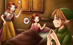 Rule 34 | 1boy, 2girls, bed, come hither, cremia, heart, link, multiple girls, nintendo, romani (zelda), scolding, thaumana, the legend of zelda, the legend of zelda: majora&#039;s mask, under covers, young link