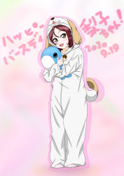 Rule 34 | 1girl, absurdres, animal costume, artist name, artist request, blush, brown eyes, brown hair, cosplay, datsun12oo, dog costume, female focus, full body, hair between eyes, highres, holding, holding stuffed animal, long hair, looking at viewer, love live!, love live! sunshine!!, parted lips, red hair, sakurauchi riko, smile, solo, stuffed animal, stuffed toy, stuffed whale, sunny coupe, yellow eyes