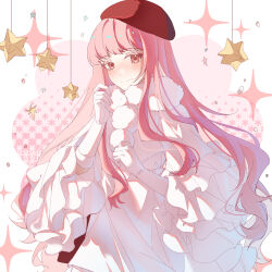 1girl artist_request beret blush chinese_commentary closed_mouth colored_eyelashes commentary_request cowboy_shot dress floral_background frilled_sleeves frills fur-trimmed_gloves fur_scarf fur_trim gloves hand_up happy hat highres long_dress long_hair long_sleeves nikki_(nikki) nikki_(series) pink_background pink_eyes pink_hair red_hat scarf shining_nikki sidelocks smile snowing solo sparkle standing third-party_source two-tone_background very_long_hair wavy_hair white_background white_dress white_gloves white_scarf