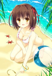 Rule 34 | 1girl, ball, barefoot, beach, beachball, bekotarou, bikini, bracelet, breasts, brown hair, cleavage, crab, happy, highres, jewelry, medium breasts, original, outdoors, short hair, short twintails, smile, solo, swimsuit, twintails, water, yellow eyes
