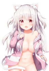 Rule 34 | 1girl, animal ear fluff, animal ears, bottomless, breasts, cat ears, commentary request, drawstring, highres, hood, hood down, hoodie, large breasts, long hair, navel, no panties, original, red eyes, short twintails, silver hair, single bare shoulder, solo, stomach, tail, tail censor, tutsucha illust, twintails