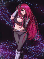 Rule 34 | 1girl, arm behind back, armored boots, belt, black background, black gloves, black pants, boots, breasts, brown belt, cleavage, gloves, green eyes, highres, katarina (league of legends), league of legends, long hair, navel, pants, petals, popoman, red hair, scar, scar across eye, scar on face, solo, standing, stomach