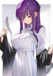Rule 34 | 1girl, black coat, blunt bangs, breasts, butterfly hair ornament, buttons, coat, collar, commentary request, dress, fern (sousou no frieren), frilled collar, frills, hair ornament, large breasts, long coat, long dress, long hair, long sleeves, looking down, purple eyes, purple hair, scottie (phantom2), sidelocks, simple background, solo, sousou no frieren, straight hair, undressing, white dress