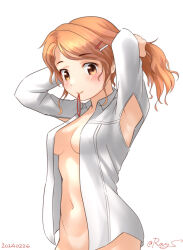 Rule 34 | 1girl, aquila (kancolle), armpit cutout, armpits, arms up, breasts, brown eyes, clothing cutout, hair ornament, hairclip, kantai collection, long hair, medium breasts, mouth hold, naked shirt, navel, one-hour drawing challenge, open clothes, open shirt, orange hair, out-of-frame censoring, ray.s, shirt, smile, solo, wavy hair, white shirt