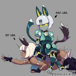 Rule 34 | 2girls, absurdres, android, ass, bare shoulders, blue hair, collar, crop top, crossed legs, fingerless gloves, gloves, grey background, highres, lying, ms. fortune (skullgirls), muds (tentacles r us), multiple girls, neck bell, on stomach, open mouth, outstretched arm, robo-fortune, short hair, sitting, sitting on person, skullgirls, tongue, tongue out, white hair