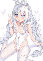 Rule 34 | 1girl, :p, absurdres, animal ear fluff, animal ears, arm up, azur lane, blue eyes, blush, braid, breasts, cameltoe, crotchless, crotchless pantyhose, deogho (liujinzy9854), fake animal ears, groin, highleg, highleg leotard, highres, le malin (azur lane), le malin (listless lapin) (azur lane), leotard, long hair, official alternate costume, pantyhose, playboy bunny, rabbit ears, silver hair, simple background, sitting, small breasts, smile, solo, thighs, tongue, tongue out, twin braids, twintails, v, very long hair, white background, white leotard, white pantyhose, wrist cuffs