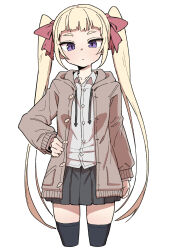 Rule 34 | 1girl, absurdres, black skirt, black thighhighs, blonde hair, bow, brown jacket, closed mouth, copyright request, cropped legs, female focus, grey shirt, hair bow, hand on own hip, highres, hood, hood down, jacket, long hair, long sleeves, looking at viewer, miniskirt, pleated skirt, purple eyes, red bow, shirt, simple background, skirt, solo, thighhighs, twintails, very long hair, wagashi (dagashiya), white background, zettai ryouiki