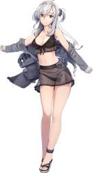 Rule 34 | 1girl, bare shoulders, bikini, black bikini, black headband, breasts, chou-10cm-hou-chan (suzutsuki&#039;s), cleavage, clothes writing, collarbone, full body, grey jacket, hachimaki, hair between eyes, hair flaps, headband, jacket, kantai collection, large breasts, long hair, official art, one side up, outstretched arms, sandals, shizuma yoshinori, silver hair, smile, solo, spread arms, suzutsuki (kancolle), swimsuit, transparent background