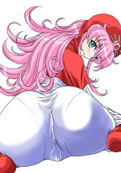 Rule 34 | 1girl, arched back, artist request, ass, blue eyes, blush, cameltoe, chunsoft, dragon quest, dragon quest ii, enix, happy, hat, hood, huge ass, kneeling, long hair, looking back, pantylines, pink hair, princess of moonbrook, pussy, simple background, sitting, smile, solo, wariza