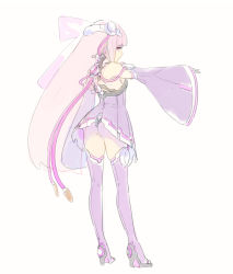 Rule 34 | 1girl, ass, bare shoulders, boots, character request, closed mouth, detached sleeves, dress, enkyo yuuichirou, from behind, full body, headgear, high heel boots, high heels, long hair, long sleeves, looking at viewer, looking back, purple dress, purple footwear, purple hair, short dress, simple background, solo, standing, thigh boots, thighhighs, thong, very long hair, voiceroid, white background, wide sleeves
