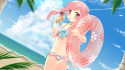 Rule 34 | 1girl, :o, beach, bikini, blush, contrail, day, food, highres, ice cream, ifnil, innertube, long hair, looking at viewer, navel, original, palm tree, pink eyes, pink hair, red eyes, solo, spill, striped bikini, striped clothes, swim ring, swimsuit, thigh gap, tree, twintails