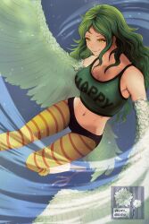 Rule 34 | 1girl, absurdres, artist name, bare shoulders, bird legs, blush, breasts, cleavage, clothes writing, commentary request, crop top, eiriii, feathered wings, feathers, green feathers, green hair, green tank top, green wings, harpy, highres, large breasts, long hair, medium breasts, midriff, monet (one piece), monster girl, navel, one piece, pantyhose, smile, snowflakes, solo, striped clothes, striped pantyhose, tank top, winged arms, wings, yellow eyes
