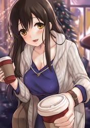 Rule 34 | 10s, 1girl, akagi (kancolle), blouse, blue shirt, blurry, blush, breasts, brown eyes, brown hair, cardigan, christmas tree, cleavage, coffee cup, cup, depth of field, disposable cup, fukuroumori, hair between eyes, holding, holding cup, kantai collection, large breasts, leaning forward, long hair, looking at viewer, matching hair/eyes, open mouth, outdoors, shirt, smile, snow, solo, watch, wristwatch