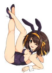 Rule 34 | 1girl, absurdres, animal ears, bare shoulders, black leotard, blush, bob cut, breasts, brown eyes, brown hair, detached collar, fake animal ears, full body, hair ornament, hairband, haruhisky, high heels, highleg, highleg leotard, highres, legs up, leotard, looking at viewer, lying, medium breasts, no legwear, one eye closed, open mouth, playboy bunny, rabbit ears, rabbit tail, shiny clothes, shiny skin, short hair, simple background, smile, solo, strapless, strapless leotard, suzumiya haruhi, suzumiya haruhi no yuuutsu, tail, thighs, white background, wrist cuffs