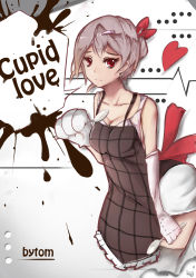 Rule 34 | 1girl, absurdres, animal hands, apron, bent over, breasts, cleavage, dress, frown, gloves, grey hair, hair ornament, hair ribbon, hairclip, heart, highres, large breasts, original, paw gloves, red eyes, ribbon, solo, spoon, thighhighs, tom23579, white dress