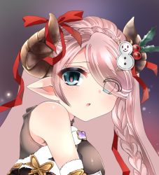 Rule 34 | 1girl, :o, black dress, blush, braid, brown horns, christmas, commentary request, demon horns, detached sleeves, draph, dress, eyes visible through hair, fur-trimmed dress, fur-trimmed sleeves, fur trim, granblue fantasy, hair over one eye, heart, heart-shaped pupils, holly, horn ornament, horn ribbon, horns, long hair, looking at viewer, mashimaro tabetai, narmaya (granblue fantasy), narmaya (holiday) (granblue fantasy), parted lips, pink hair, pointy ears, portrait, ribbon, sleeveless, sleeveless dress, snowman hair ornament, solo, swept bangs, symbol-shaped pupils