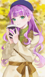 0610_kaori 1girl blunt_bangs blurry blurry_background braid brown_coat casual coat cup disposable_coffee_cup disposable_cup green_eyes green_sweater grin highres holding holding_cup jewelry long_hair long_sleeves looking_at_viewer love_live! love_live!_superstar!! necklace official_alternate_costume purple_hair side_braids smile solo steam sweater turtleneck turtleneck_sweater upper_body wavy_hair wien_margarete winter_clothes