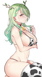 Rule 34 | 1girl, absurdres, animal print, antlers, arm under breasts, awakoto (awakotoya), bare shoulders, bikini, braid, braided bangs, branch, breasts, ceres fauna, cleavage, collarbone, cow print, cow print bikini, flower, from side, green hair, hair flower, hair ornament, highres, hololive, hololive english, horns, large breasts, long hair, looking at viewer, mole, mole under eye, navel, print bikini, print thighhighs, sideways glance, simple background, sitting, skindentation, smile, solo, strap gap, swept bangs, swimsuit, thighhighs, thighs, virtual youtuber, white background, yellow eyes